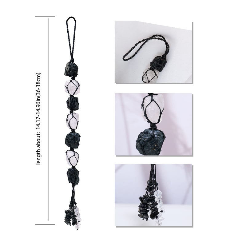 Runyangshi Natural Crystal Black Tourmaline&Clear Quartz Rough Stone Hanging Ornament with Chip Stones Tassels Reiki Healing Meditation Energy Balance Yoga Home Decor Gift - Image 2